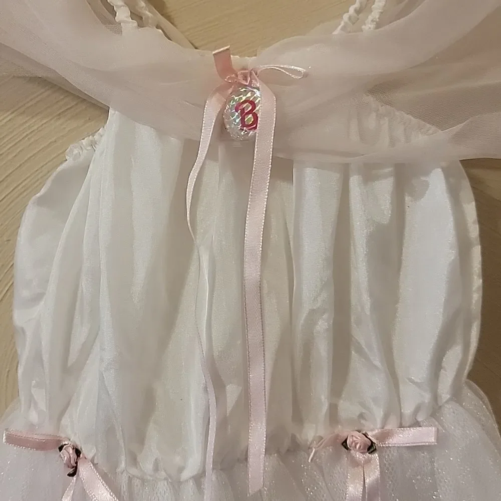 BARBIE LICENSED WHITE WITH PINK RIBBONS GOWN DRESS COSTUME, SIZE 4-6